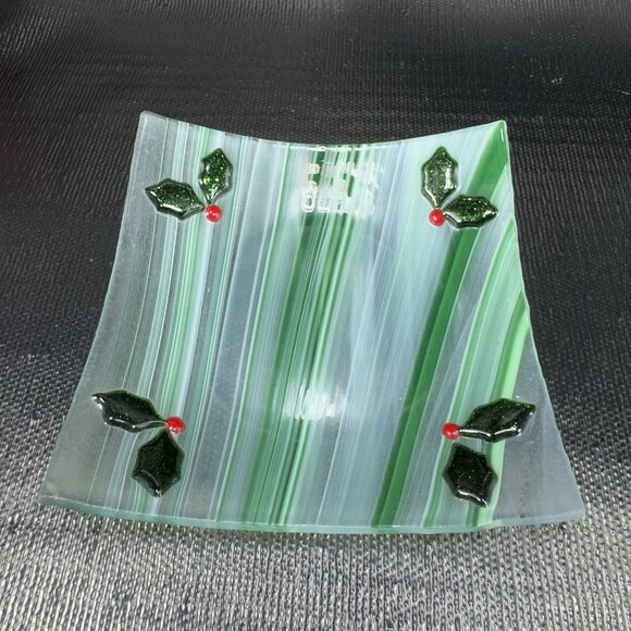 Vintage Fused Art Glass Square Dish Plate White Green Swirl Festive Holiday VTG - Picture 11 of 12